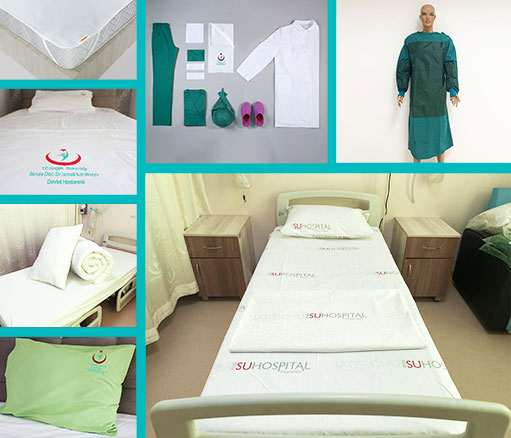 Hastane Tekstili, alez, yeşil kumaş, boks önlüğü, çarşaf, havlu, nevresim, pike, yastık, yastık kılıfı, yorgan, battaniye
